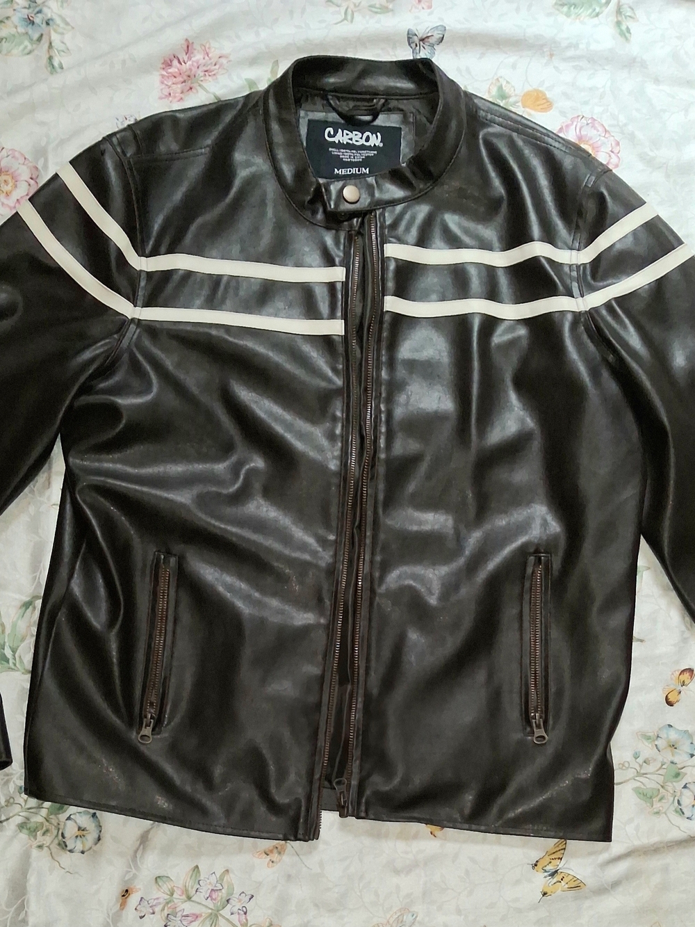 Carbon Men's Dark Brown/Black Leather Bomber with Cream Racing Stripes